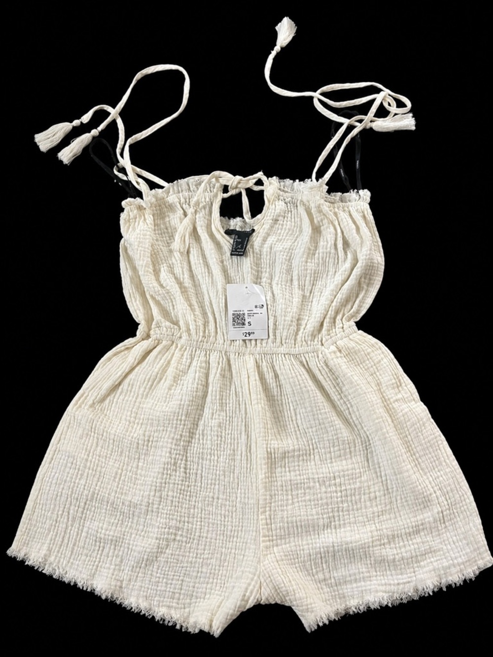 Forever 21 Cream Gauze Romper Womens Small Tassel Tie Boho Summer NWT